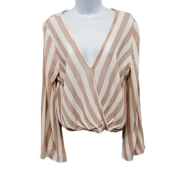 Sadie & Sage Stripe Wrap Front V-Neck Crossover Bell Sleeve Blouse Top - Picture 1 of 8